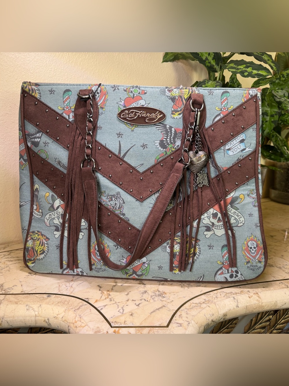 Ed Hardy Light Blue Tattoo-Print Tote